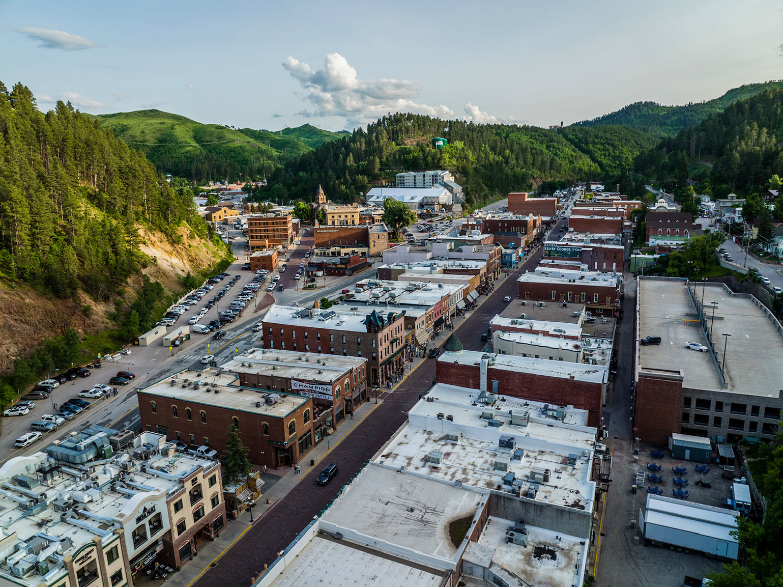 Aerial photo of historic Downtown Deadwood.